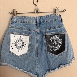 Denim Shorts with Sun and Moon Design